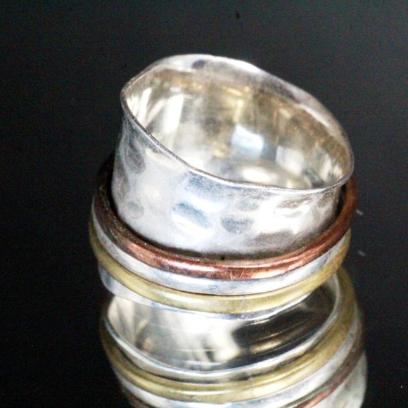 Sterling Silver Brass Modernist Hammered Wide Band Ring - Picture 4 of 8